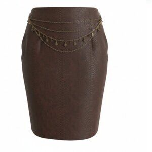 Faux Leather Pencil Skirt Women’s 8 Brown Faux Snakeskin Lined Chain Belt EUC